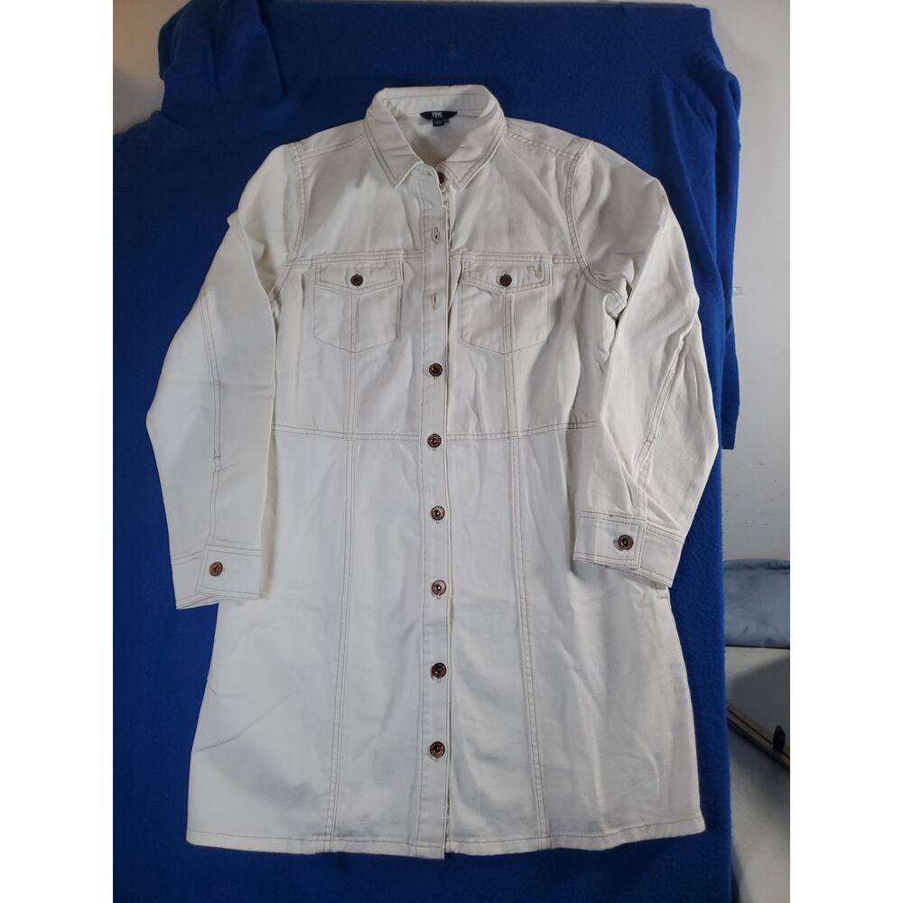 Frye Shirt Dress Women's Large White Denim Long Sleeve ButtonFront Tunic Pockets - Picture 16 of 16